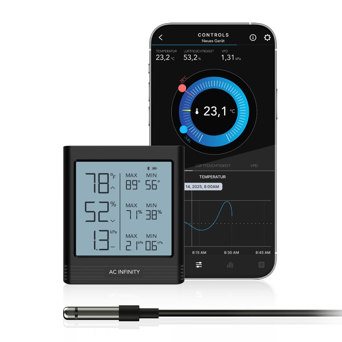 AC Infinity - CloudCom B1 Smart Thermo-Hygrometer – mit 3,6 m Sensor-Sonde und App-Anbindung